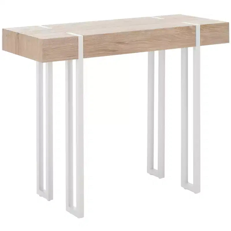 Console scandinave avec pieds épingle, plateau en placage de bois, marron/blanc