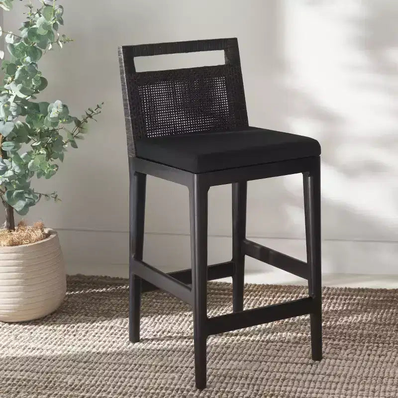 Tabouret de comptoir avec dossier en rotin tressé, cadre en bois dur, assise rembourrée, 125 kg, 60,3 cm H