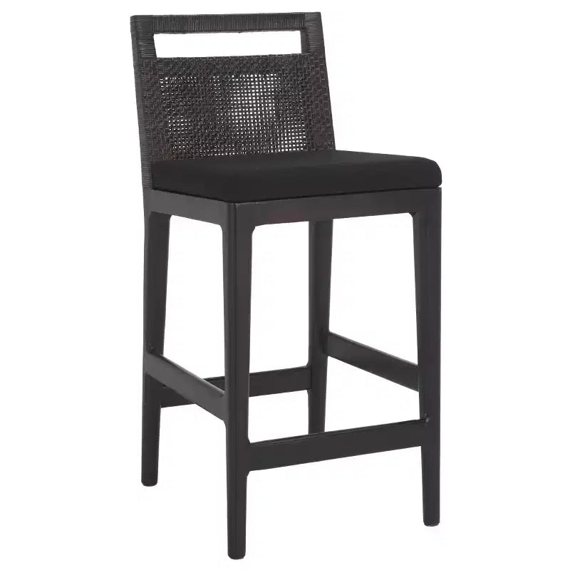 Tabouret de comptoir avec dossier en rotin tressé, cadre en bois dur, assise rembourrée, 125 kg, 60,3 cm H