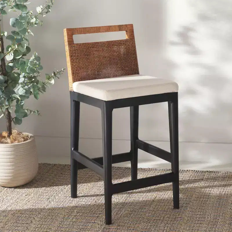 Tabouret de comptoir avec dossier en rotin tressé, cadre en bois dur, assise rembourrée, 125 kg, 60,3 cm H