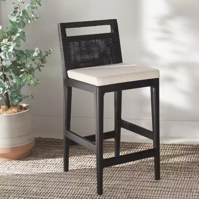 Tabouret de comptoir avec dossier en rotin tressé, cadre en bois dur, assise rembourrée, 125 kg, 60,3 cm H