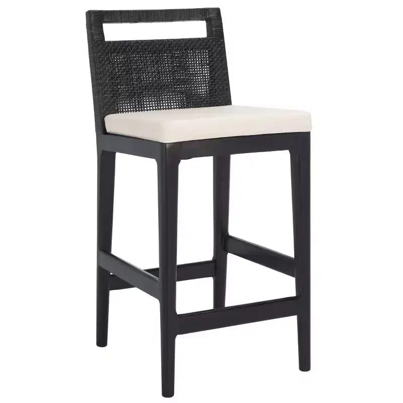 Tabouret de comptoir avec dossier en rotin tressé, cadre en bois dur, assise rembourrée, 125 kg, 60,3 cm H