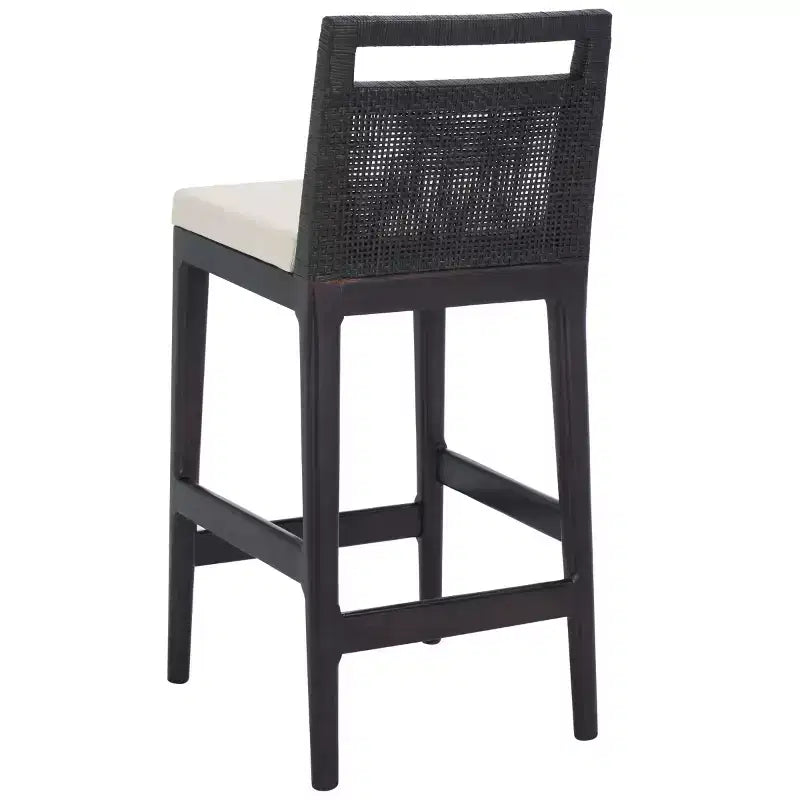 Tabouret de comptoir avec dossier en rotin tressé, cadre en bois dur, assise rembourrée, 125 kg, 60,3 cm H