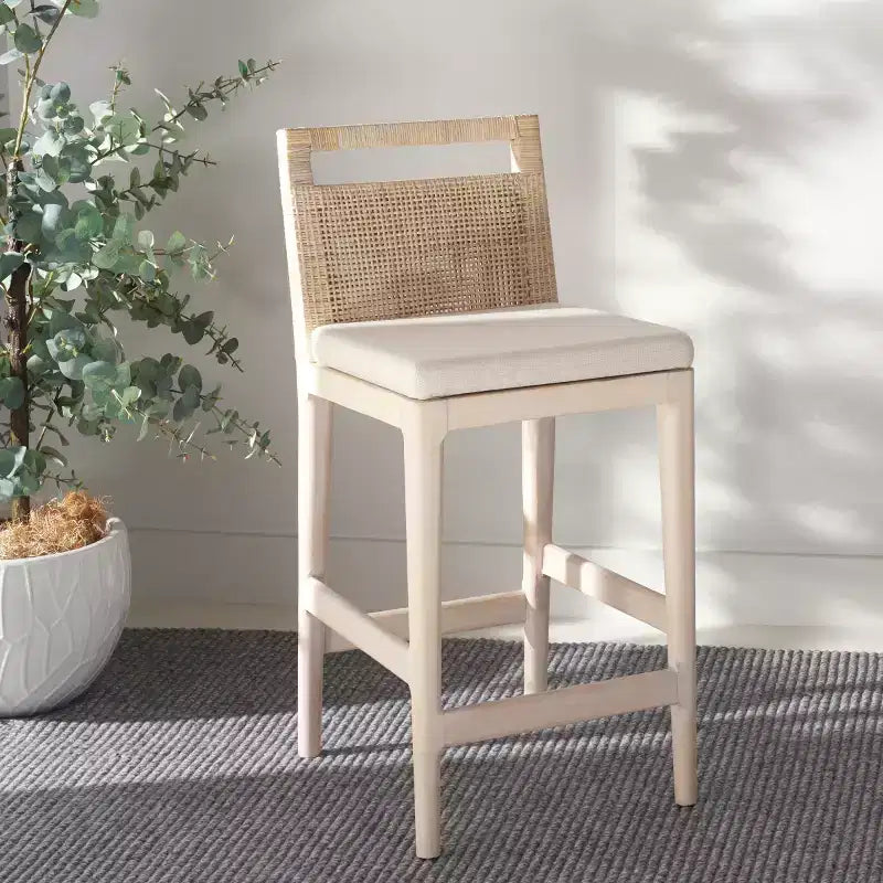 Tabouret de comptoir avec dossier en rotin tressé, cadre en bois dur, assise rembourrée, 125 kg, 60,3 cm H
