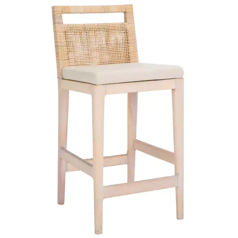 Tabouret de comptoir avec dossier en rotin tressé, cadre en bois dur, assise rembourrée, 125 kg, 60,3 cm H