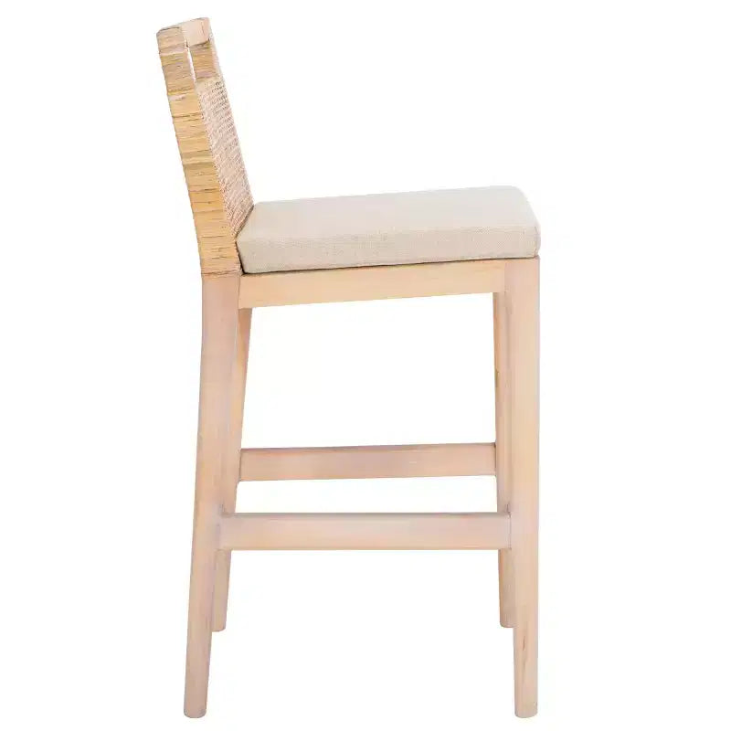 Tabouret de comptoir avec dossier en rotin tressé, cadre en bois dur, assise rembourrée, 125 kg, 60,3 cm H