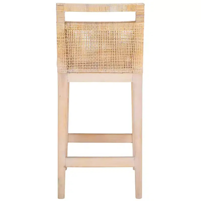 Tabouret de comptoir avec dossier en rotin tressé, cadre en bois dur, assise rembourrée, 125 kg, 60,3 cm H