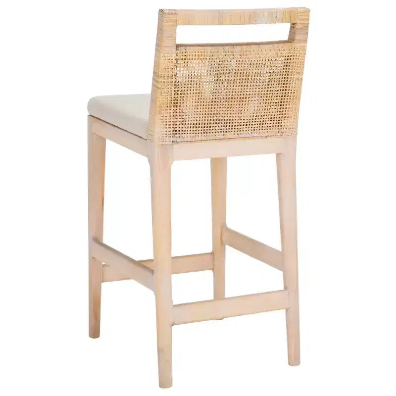 Tabouret de comptoir avec dossier en rotin tressé, cadre en bois dur, assise rembourrée, 125 kg, 60,3 cm H