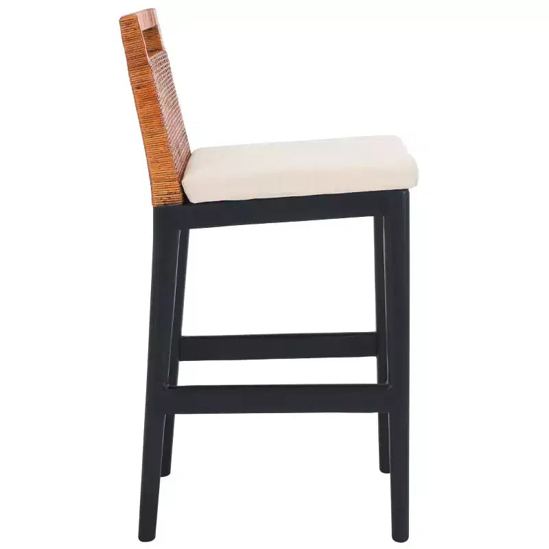 Tabouret de comptoir avec dossier en rotin tressé, cadre en bois dur, assise rembourrée, 125 kg, 60,3 cm H