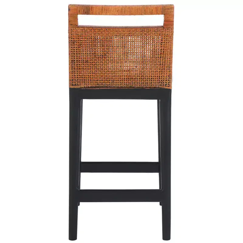 Tabouret de comptoir avec dossier en rotin tressé, cadre en bois dur, assise rembourrée, 125 kg, 60,3 cm H