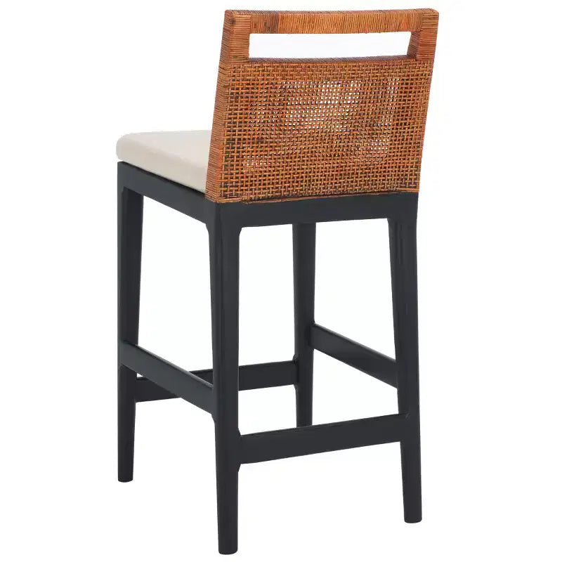 Tabouret de comptoir avec dossier en rotin tressé, cadre en bois dur, assise rembourrée, 125 kg, 60,3 cm H