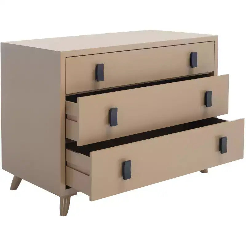 Commode à 3 tiroirs avec pieds fuselés, finition taupe et poignées noires