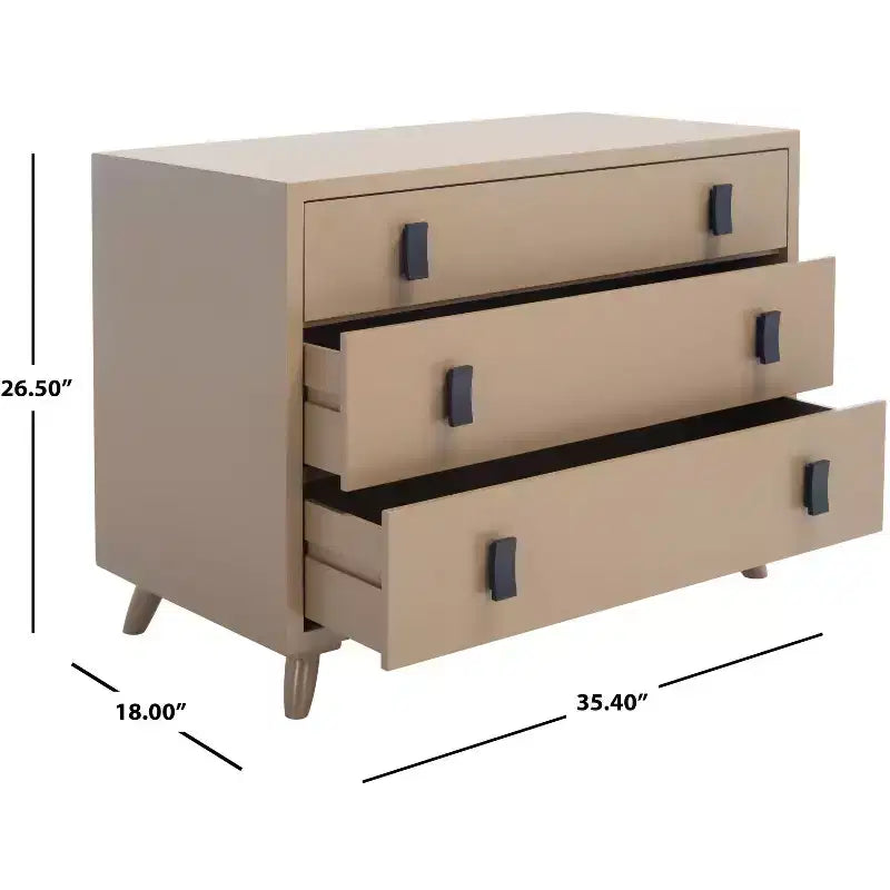 Commode à 3 tiroirs avec pieds fuselés, finition taupe et poignées noires