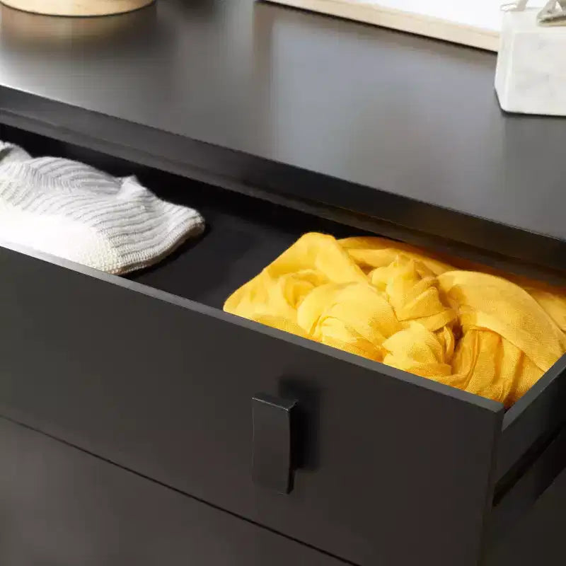 3-Drawer Chest Dresser with Tapered Legs, Taupe Finish & Black Handles