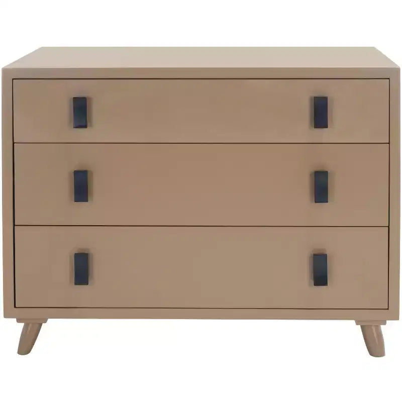 3-Drawer Chest Dresser with Tapered Legs, Taupe Finish & Black Handles