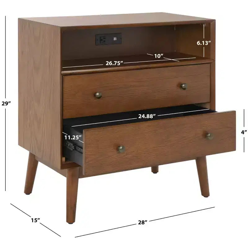 Commode 2 tiroirs 1 étagère avec port USB, chêne moyen et or antique, H 73,6 cm