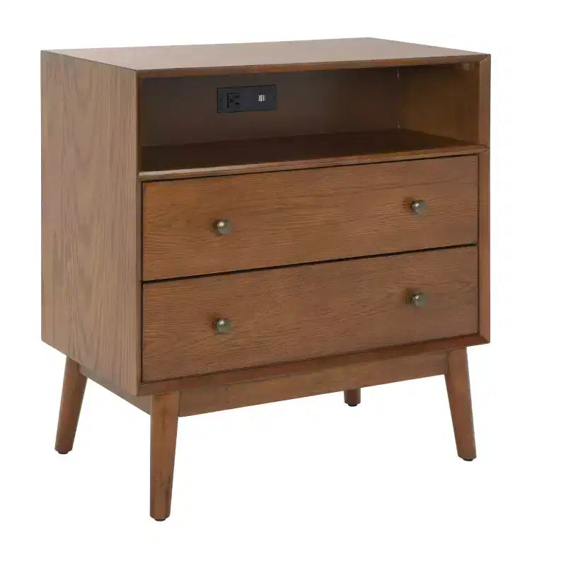 2-Drawer 1-Shelf Chest with USB Port, Medium Oak & Antique Gold, 29"H