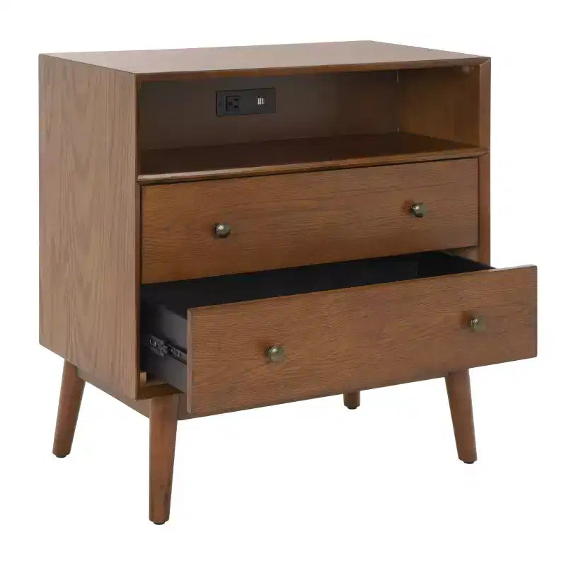 Commode 2 tiroirs 1 étagère avec port USB, chêne moyen et or antique, H 73,6 cm