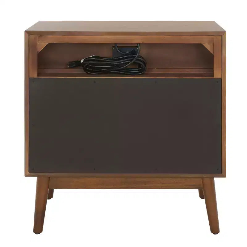 Commode 2 tiroirs 1 étagère avec port USB, chêne moyen et or antique, H 73,6 cm