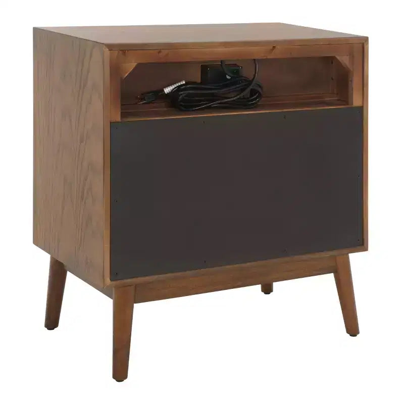 Commode 2 tiroirs 1 étagère avec port USB, chêne moyen et or antique, H 73,6 cm