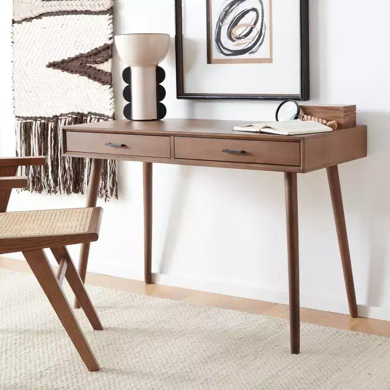 Bureau 2 tiroirs, blanc vieilli, bois et MDF