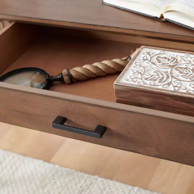 Bureau 2 tiroirs, blanc vieilli, bois et MDF