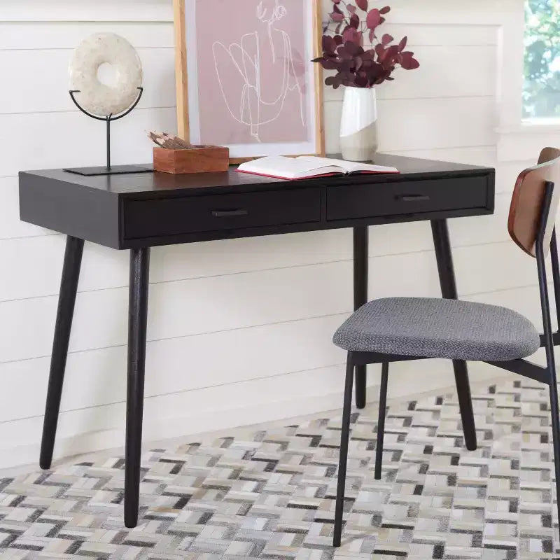 Bureau 2 tiroirs, blanc vieilli, bois et MDF