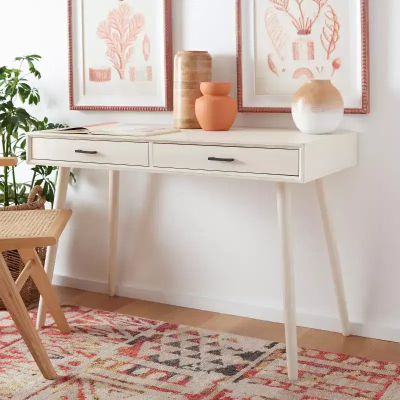 Bureau 2 tiroirs, blanc vieilli, bois et MDF