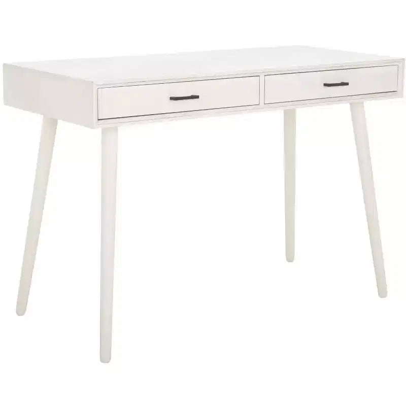 Bureau 2 tiroirs, blanc vieilli, bois et MDF