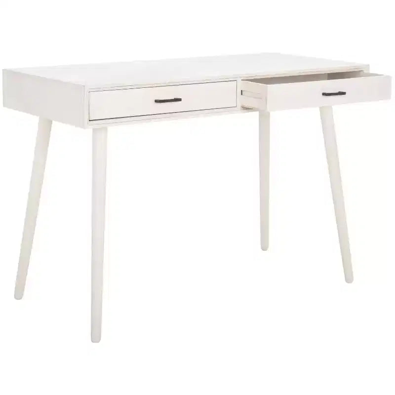 Bureau 2 tiroirs, blanc vieilli, bois et MDF