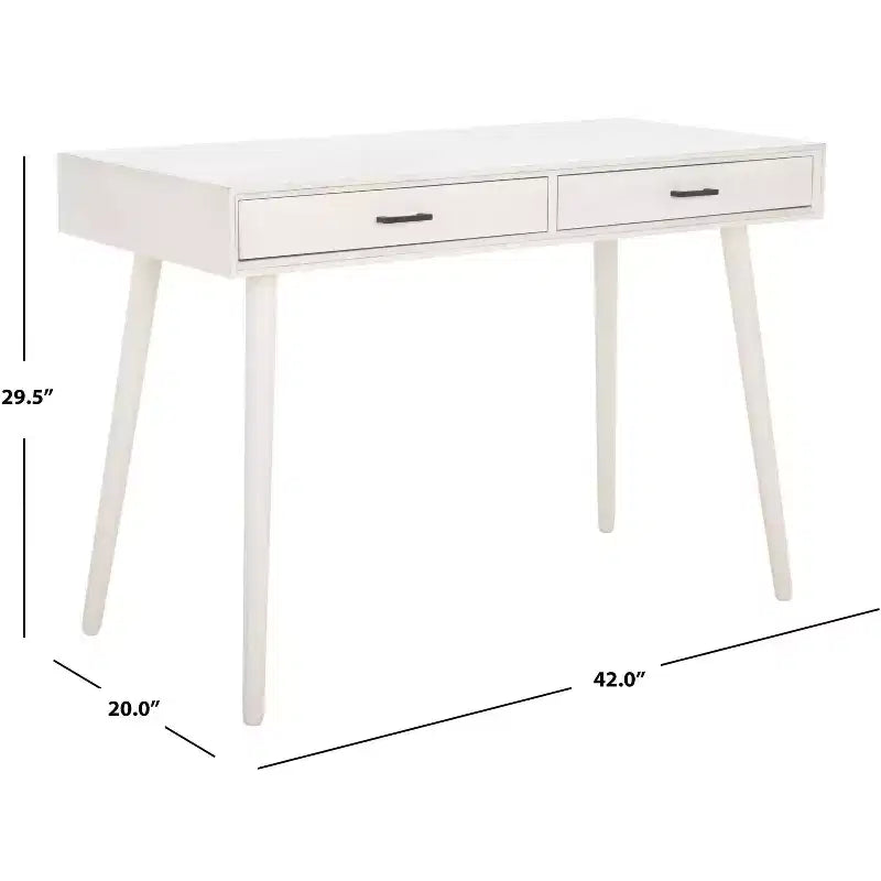 Bureau 2 tiroirs, blanc vieilli, bois et MDF