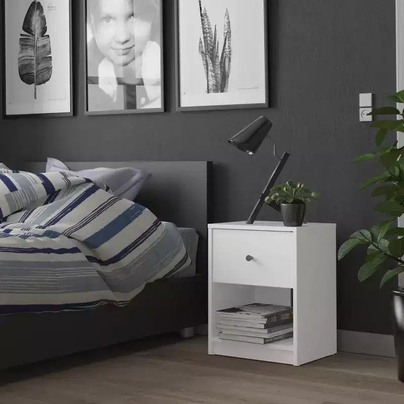 1-Drawer Nightstand with Open Shelf, White, Compact Danish Design, 19"H