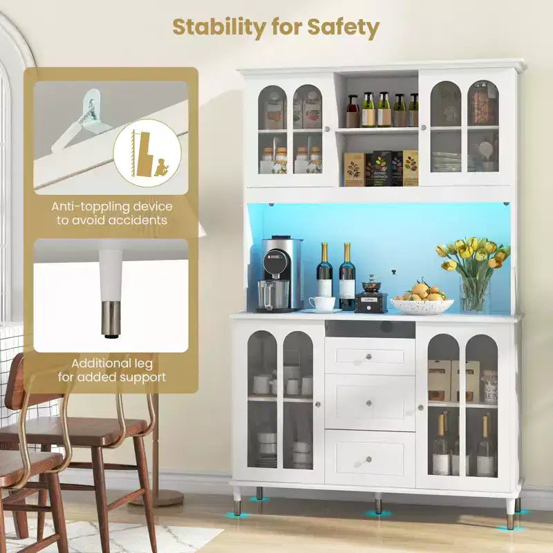 Armoire de cuisine garde-manger de 185 cm avec lumières LED, chargement USB/Type-C/CA, 3 tiroirs et 4 portes