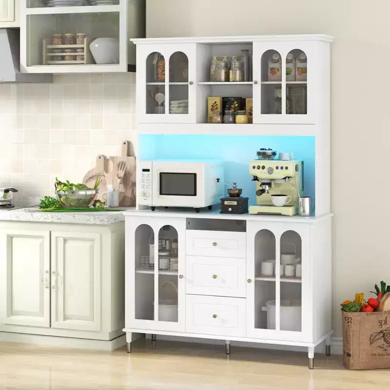Armoire de cuisine garde-manger de 185 cm avec lumières LED, chargement USB/Type-C/CA, 3 tiroirs et 4 portes