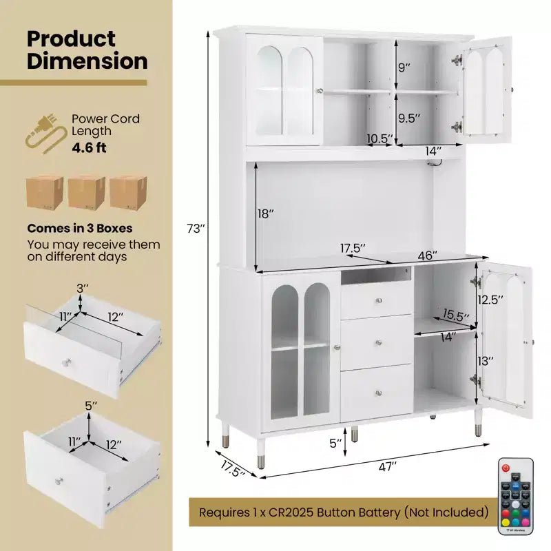 73" Kitchen Pantry Cabinet with LED Lights, USB/Type-C/AC Charging, 3 Drawers & 4 Doors