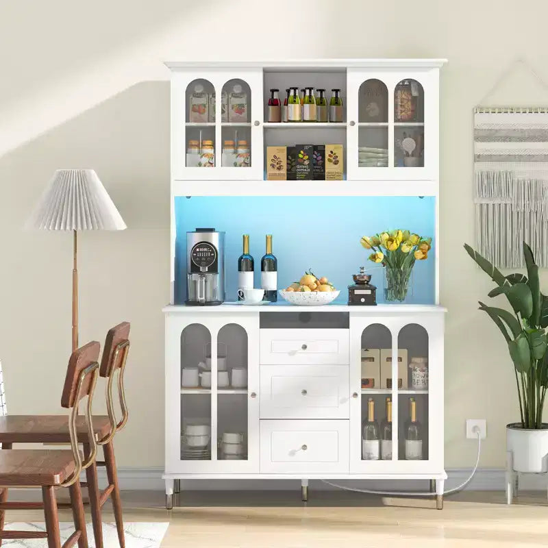 73" Kitchen Pantry Cabinet with LED Lights, USB/Type-C/AC Charging, 3 Drawers & 4 Doors