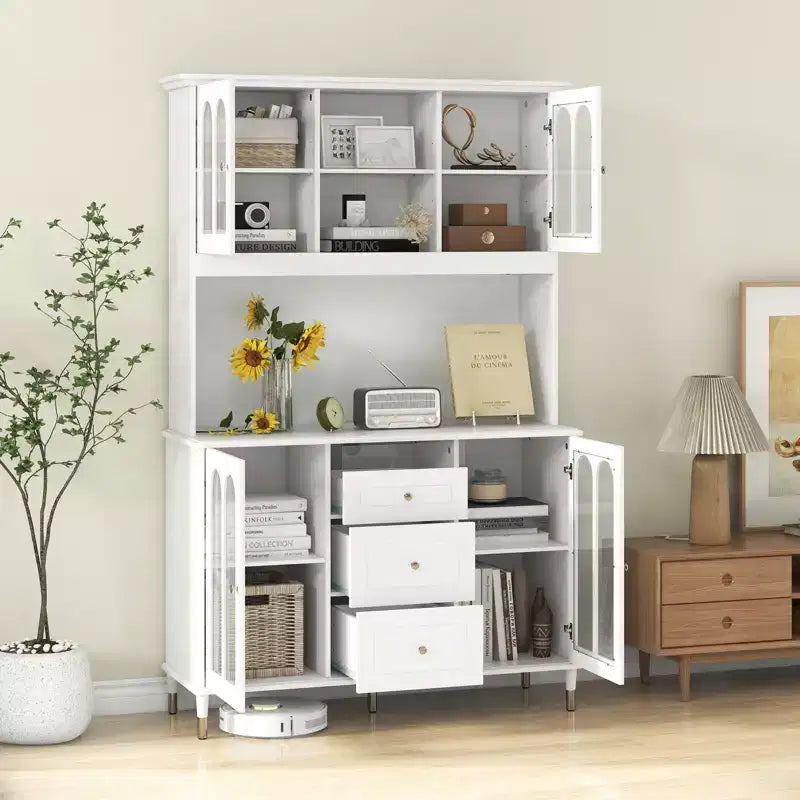 Armoire de cuisine garde-manger de 185 cm avec lumières LED, chargement USB/Type-C/CA, 3 tiroirs et 4 portes