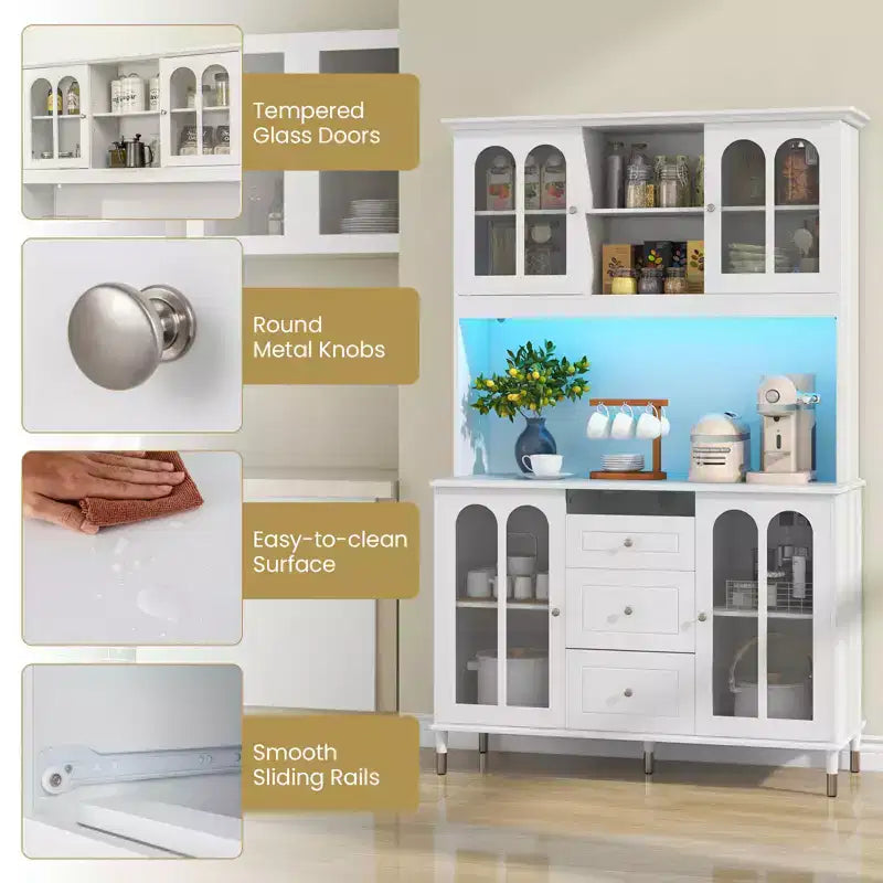 Armoire de cuisine garde-manger de 185 cm avec lumières LED, chargement USB/Type-C/CA, 3 tiroirs et 4 portes