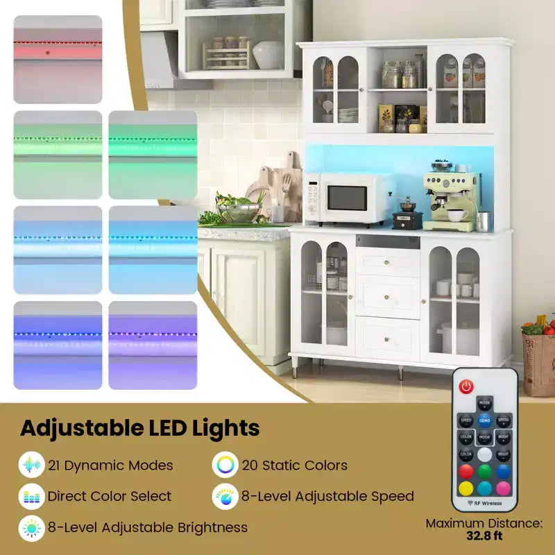 Armoire de cuisine garde-manger de 185 cm avec lumières LED, chargement USB/Type-C/CA, 3 tiroirs et 4 portes