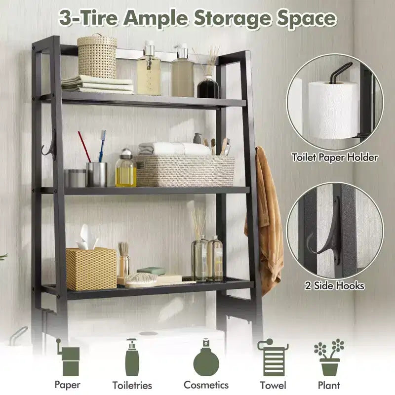3-Tier Over-the-Toilet Storage Shelf, Free Standing, 2 Side Hooks, 132 lb Capacity