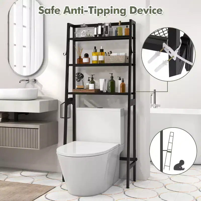 3-Tier Over-the-Toilet Storage Shelf, Free Standing, 2 Side Hooks, 132 lb Capacity