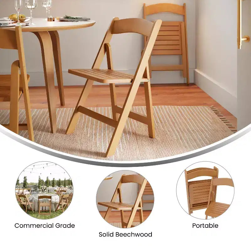 Lot de 2 chaises de salle à manger pliantes en bois massif, capacité 136 kg, aucun assemblage requis