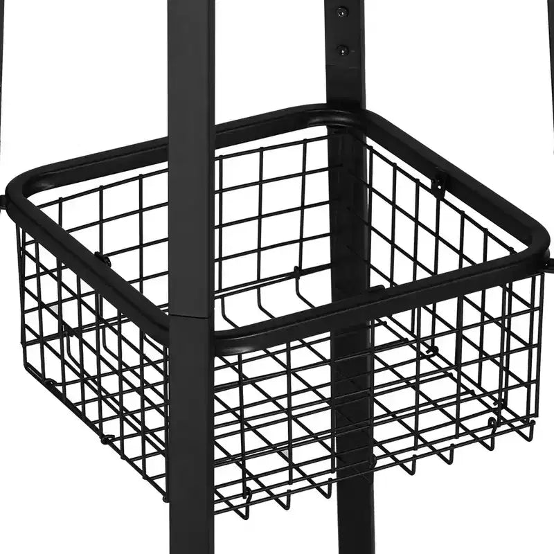 Porte-manteau sur pied industriel, 3 étagères, panier en métal et 8 doubles crochets