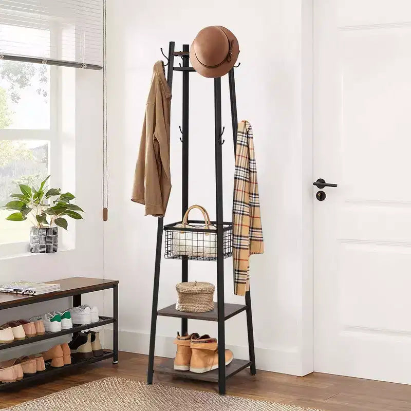 Porte-manteau sur pied industriel, 3 étagères, panier en métal et 8 doubles crochets