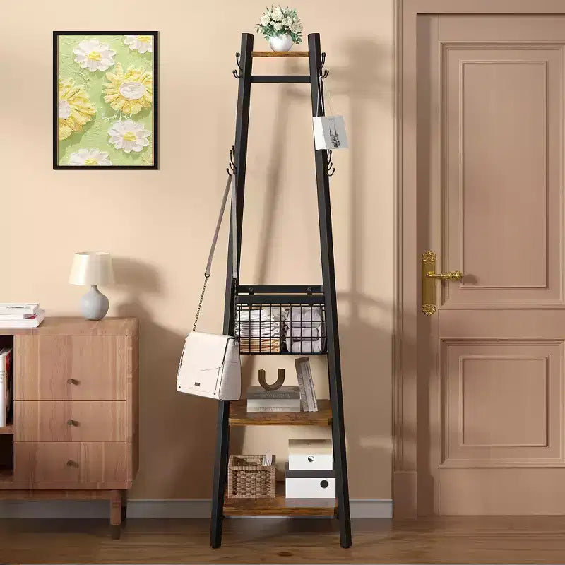 Industrial Freestanding Coat Rack Hall Tree, 3 Shelves, Metal Basket & 8 Dual Hooks