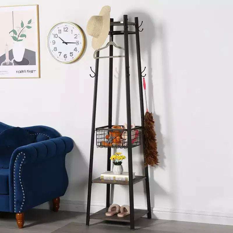 Porte-manteau sur pied industriel, 3 étagères, panier en métal et 8 doubles crochets