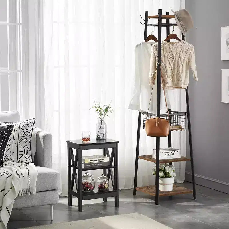 Industrial Freestanding Coat Rack Hall Tree, 3 Shelves, Metal Basket & 8 Dual Hooks