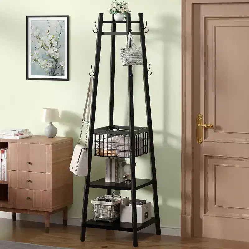 Industrial Freestanding Coat Rack Hall Tree, 3 Shelves, Metal Basket & 8 Dual Hooks
