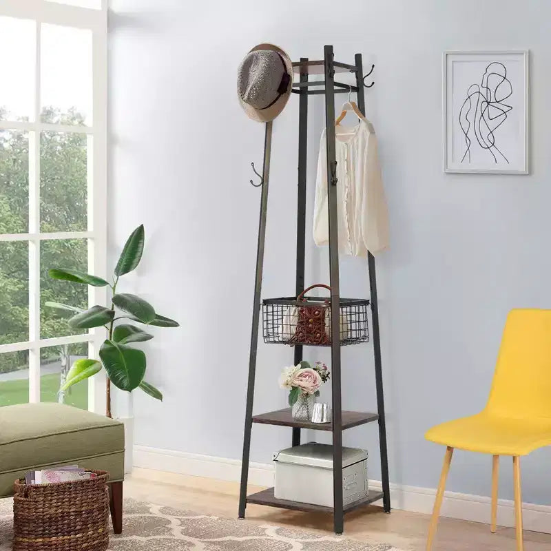 Industrial Freestanding Coat Rack Hall Tree, 3 Shelves, Metal Basket & 8 Dual Hooks
