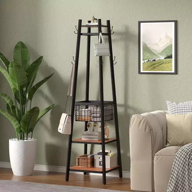 Industrial Freestanding Coat Rack Hall Tree, 3 Shelves, Metal Basket & 8 Dual Hooks